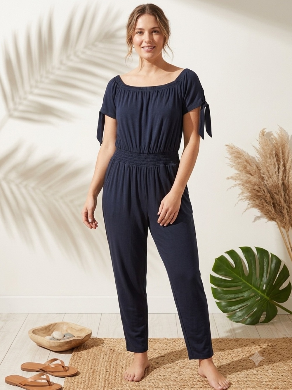 NWT DEREK HEART Off The Shoulder Tie Sleeve Jumpsuit Black Smocked Waist Romper